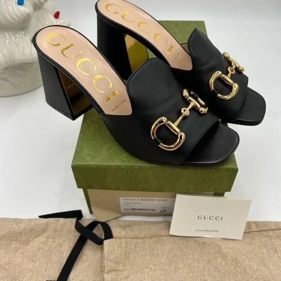 Women's Gucci horsebit leather mid heel slide sandals size 38.5 made in Italy - Picture 5 of 9